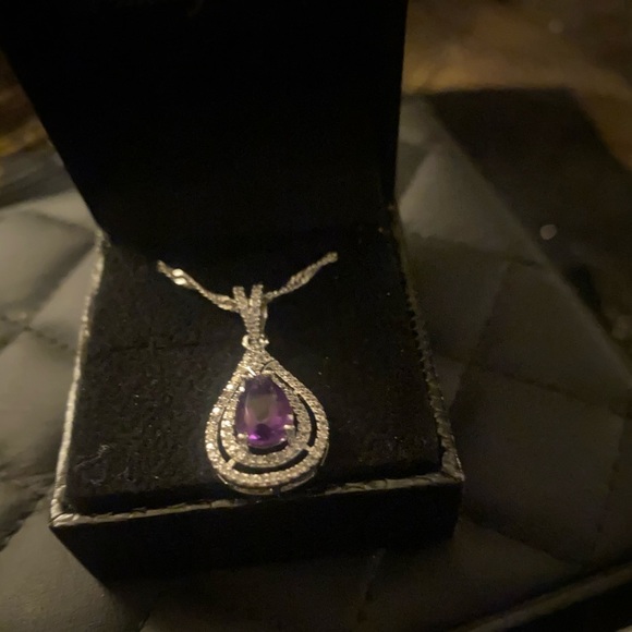 Genuine Amethyst 14k White Gold Plated Teardrop Necklace - Picture 2 of 3